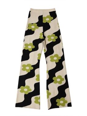 Wide-Leg Floral Wave Knit Pants - Cream, Black & Green Size S